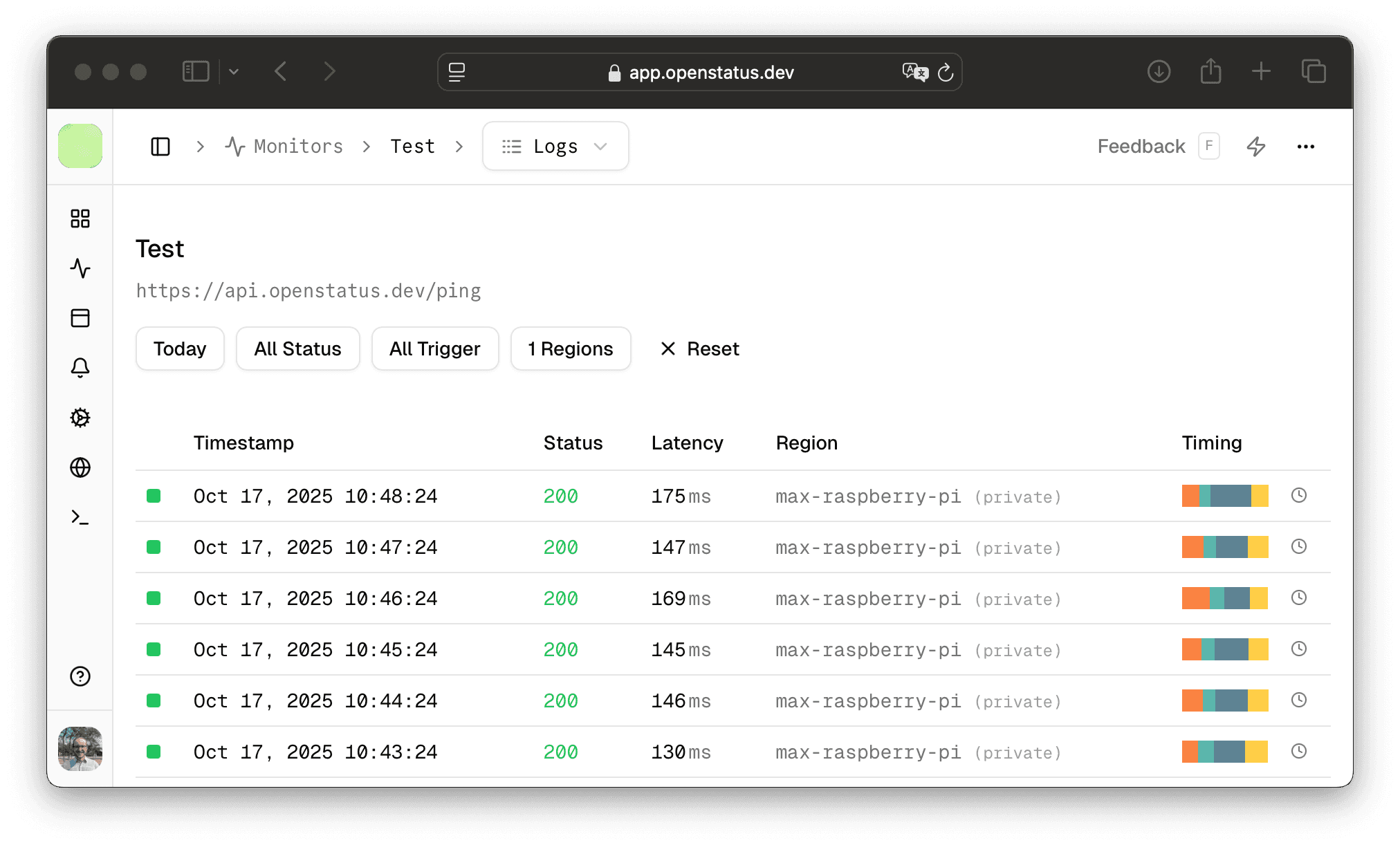 Access your logs within the openstatus Dashboard.